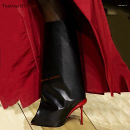 Boots 2024 Autumn Black Leather Mid-Calf Versatile Pointed Toe Stiletto Elegant Cylindrical Slip-On Fashion Women 43