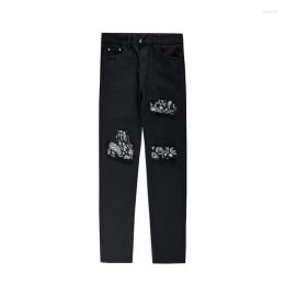 Mens Jeans American Vintage Hip Hop Men Bandana Patchwork Black Hole Ripped Pencil Denim Pant For Boys Slim Trousers Spring 2023 Drop Dhodq