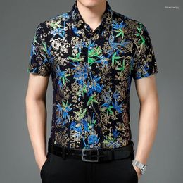 Men's Casual Shirts Chinese Style Short Sleeved Summer Print Satin Ice Silk Thin
