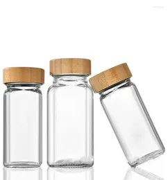 Storage Bottles 120ml Glass Seasoning Bottle With Bamboo Cover Cap Clear Square Salt Jar Kitchen Condiment Tools