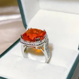 Cluster Rings Super Large Orange Princess Cut Zircon Engagement Ring Women Sterling Silver Bridal Proposal 925 Wedding Band