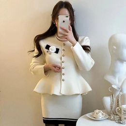 Work Dresses GkyocQ Korean Fashion Women Two Piece Sets Elegant O Neck Long Sleeve Short Jacket High Waist Slim Skirt Female Suit