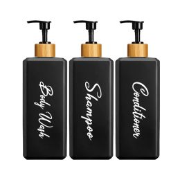 Set 500ml Bathroom Dispensers Square Shampoo Shower Gel Body Wash Dispensers Refillable Bamboo Pump Bottles Lotion Containers