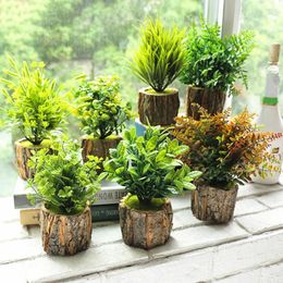 Decorative Flowers 1pc Artificial Potted Plant Fake Flower Wooden Basin Simulated Green Bonsai Home Decorations Accessories