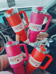 US Stock Cosmo Pink Target Red H2.0 40Oz Stainless Steel Tumblers Cups With Silicone Handle Lid And Straw Travel Car Mugs Keep Drinking Cold Water Bottles 0516