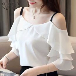 Frauenblusen Hemden Damen Kurzer Slve Chiffon Bluse Slash Hals von Schultertimen Weiße Mode 2024 Neu 3571 Y240426