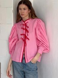 Women's Blouses Lace Up Shirt Blouse Women Pleated Long Lantern Sleeve Stand Collar Pink Top 2024 Summer Spring All Match Casual Lady