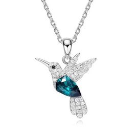 Pendant Necklaces Fashion Blue Green Crystal Hummingbird Necklaces for Women Cute Animal Bird Choker Clavicle Chain Banquet Wedding Jewelry Gift Y240420