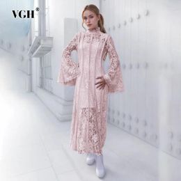 Casual Dresses VGH Solid Patchwork Floral Embroidery For Women Stand Collar Flare Sleeve High Waist Spliced Zipper Dress Female Style