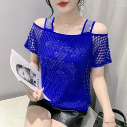 Women's T Shirts 2024 Summer Short Sleeved Fashion Casual Off The Shoulder Hollow Out Lace Tops Diamond Blusas