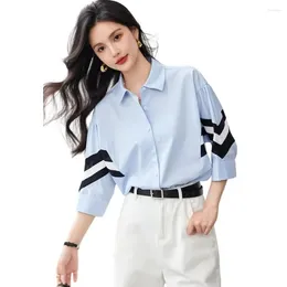 Women's Blouses French Contrasting Striped Shirt For 2024 Summer Turn-down Collar Short Sleeve Blue Tops Camisas De Mujer