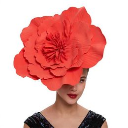 Wide Brim Hats Bucket Hats Women Large Flower Hair Band Bow Fascinator Hat Headdress Bridal Makeup Prom Photo Shoot Photography Hair Accessories Y240426