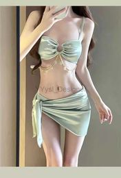 Women's Swimwear New Trend Korean Style Sexy Bikini Set Bandeau Top Stain High Waist Three-Piece Women Swimwear 2 Piece Swimsuit d240429