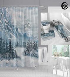 Shower Curtains High Quality Curtain Bath Mat Set Printed Winter Snow Mountain Landscape Bathroom Toilet Rugs Home Decor8770897