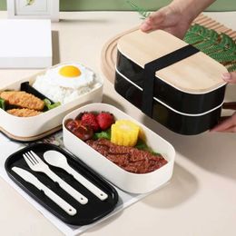 Bento Boxes Portable leak proof wooden lunch box with Tableware Japanese style double layered bento perfect for school fishing and camping Q240427