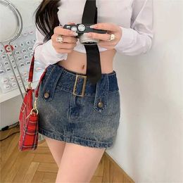 Skirts High waisted denim shorts for womens summer new Plus size small A-line skiing belt Gyaru Hip wrapped mini skiingL2429