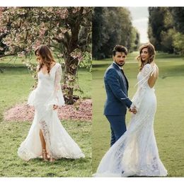Long 2020 Lace Mermaid Poet Sleeves Dresses High Low Sexy Backless V Neck Custom Made Wedding Bridal Gown Robe De Mariee