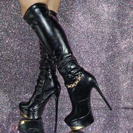 Boots Large Size 47 Metal Chain Slim Heels Shoes Women Round Toe Thick Platform Long Booty Side Zipper Sexy Knee High