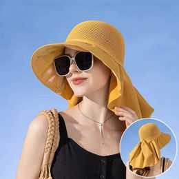 Wide Brim Hats Bucket Summer womens bucket hat with shawl lightweight breathable mesh face and neck sun protection arched pleated design travel beach Q2404271