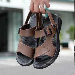 Slippers Men's Slippers Summer New Sandals Men PU Leather Sandals Adult Thicksoled Beach Shoes Nonslip Opentoe Sandals