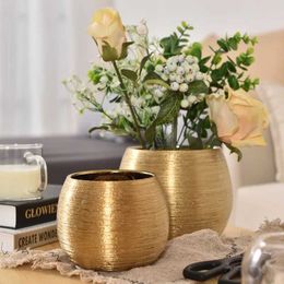 Planters Pots Gold Plated Ceramic Flower Pot Round Vase Meat Brush F Q240429