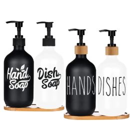 Set 500ml Matte Black Dish Soap Hand Soap Bottle Kitchen Soap Dispenser Bamboo Wood Pump Refillable Bottle Bathroom Accessories