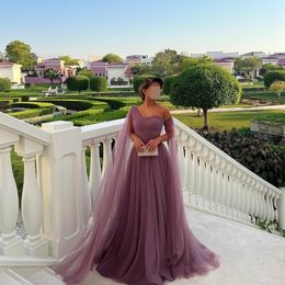 Elegant Long Tulle One Shoulder Evening Dresses with Ribbon A-Line Pleated Sweep Train Zipper Back Prom Dresses for Women