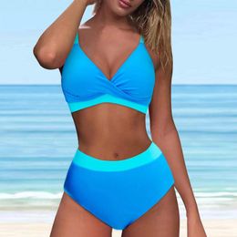 Women's Swimwear High Waisted Bikini Sets V Neck Two Piece Swimsuit Colour Block Front Bathing Womens Suit With Shorts Bottoms