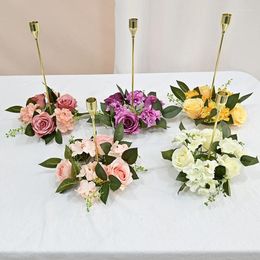 Decorative Flowers 20cm Rose Garland Candlestick Wreath Silk Artificial Flower Candle Holder Home Party Wedding Table Decoration Props