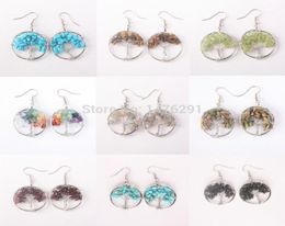Tree Of Life Wrapped Tumbled Stone Beads Round Dangle Drop Hook Earrings 1pair17755454