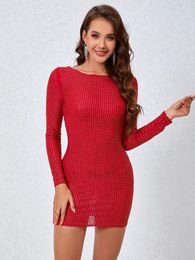 Casual Dresses Sexy Backless Mesh Crystal Diamond Mini Dress Women Red Brown Bright Rhinestone Long Sleeve Bodycon Evening Party Clubwear