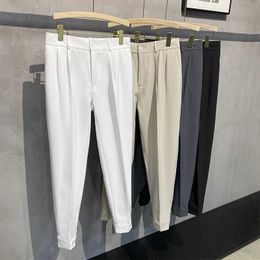 Men's Pants 4-color mens suit pants elastic waist spring/summer new Korean fashion small foot pleats business office pioneer Trousers Q240429