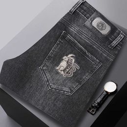 and Black Gray Jeans for Men European High-end Slim Fit Small Straight Leg Autumn Winter Mens Pants Elastic Embroidery Versatile Casual Trendy Brand