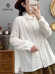 Women's Blouses Spring Cotton Solid Shirt Women Lapel Collar Literature Tops Girl Long Sleeve Lace Retro Commute Blouse 2024 Autumn T43548QC