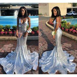 Sequins Sparkly Deep Mermaid Sier Dresses Prom V Neck Spaghetti Straps Sweep Train Black Girl Evening Party Gown Formal Ocn Wear
