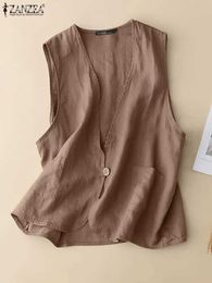 Women's Blouses Shirts ZANZEA Korean Fashion Vests Woman Slveless V-Neck Tank Tops Vintage Solid Colour Blouse Elegant Button Blusas Mujer Oversized Y240426