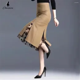 Skirts Women Irregular Mesh Skirt Band Splice High Waist Knee Khaki Split Office Lady Fashion Casual Street Wear 2024