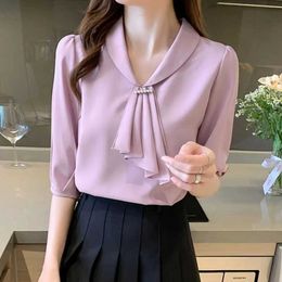 Women's Blouses Shirts Women Summer Style Blouses Shirts Lady Office Wear OL Short Slve Bow Tie Collar Blusas Tops WY1001 Y240426