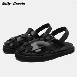 Casual Shoes Genuine Leather Straw Buckle Strap Hollow Sandals Summer Fashion Rome Round Toe Platform Women