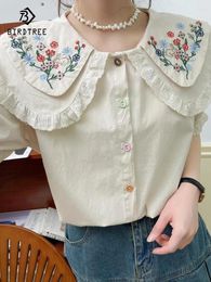 Women's Blouses Spring Cotton Embroidery Shirt Women 2 Layered Collar Long Sleeve Tops Girl Loose Sweet Commute 2024 Autumn T44766QC