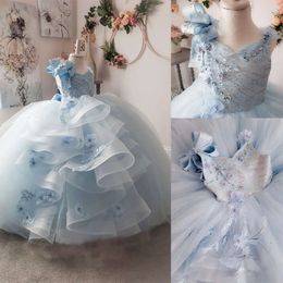 Hand Vneck Blue Gowns Pageant Made Sleeveless Bow Sequins Beaded Lace Flower Girl Dress Tiered Tulle Sweep Train Kids Party Gown