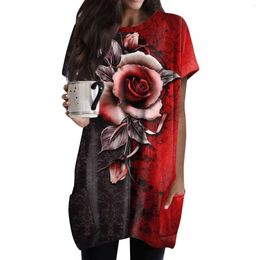 Women's T Shirts Round Neck Pocket Vintage Floral Printed Short Sleeve With Midi Long T-Shirt Top Plus Size Clothing