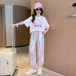 Clothing Sets 2024 Summer Girls Clothes Child Set Sports Suit Teen Tracksuit Loose Heart T Shirt Ankle-tied Striped Pants 10 11 12 14 Years