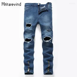 Men's Jeans High Street Ripped For Men Spring Summer Causal Denim Pants Calf Zipper Design Slim Blue Youth Fashion Trousers