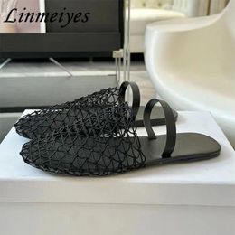 Slippers Summer Flat Sandals Women Braided Mesh Hollow Out Mules Shoes Woman Round Toe Casual Slides Holidays Beach