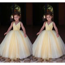 Cute Girls' Satin Yellow Dresses Flower 2019 Tulle Straps Sleeveless Kids Formal Wear Pageant Princess Birthday Party Ball Gown