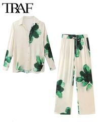 TRAF Green Printed Long Pants Sets For Women 2 Pieces 2024 Fashion Shirts Top Womens Suit Two Piece Set Outfit 240419