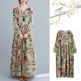 Casual Dresses ENO Plus Size Floral Loose Long Dress Sleeve Cotton Linen Women Vintage Maxi Round Neck