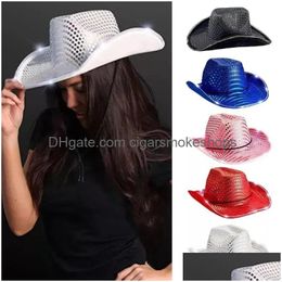 Party Hats Cowgirl Led Hat Flashing Light Up Sequin Cowboy Luminous Caps Halloween Costume Wholesale Fy7970 Drop Delivery Home Garden Dhwoo