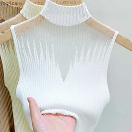 Womens Tanks Camis Mesh knitted top womens Y2K tank top half necked tank top womens sleeveless sweater fashionable cut street clothing solid tight white tube to